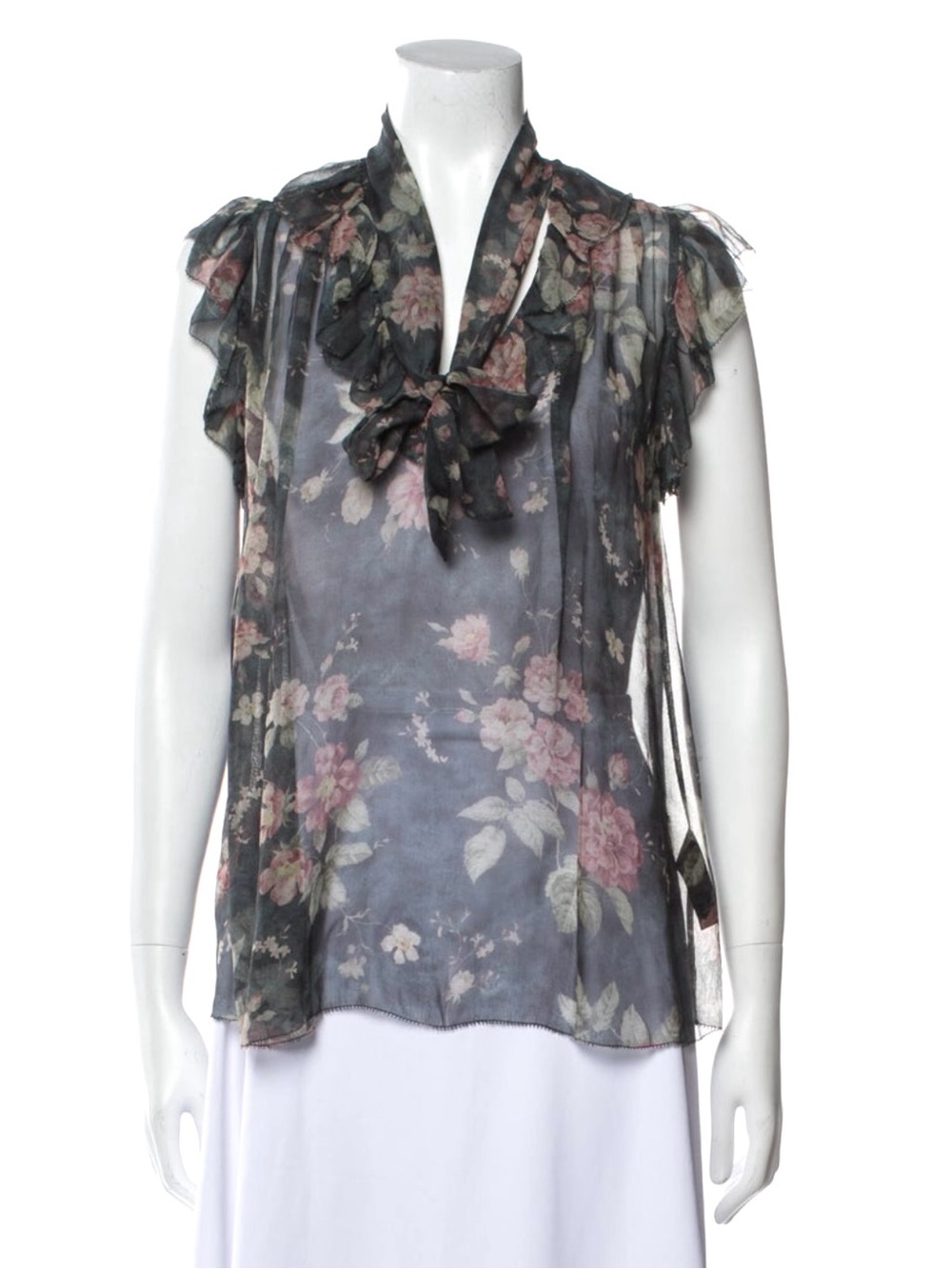 ZIMMERMANN SHEER SILK GREY WATERCOLOR FLORAL FLUTTER SLEEVE TIE BOW BLOUSE TOP